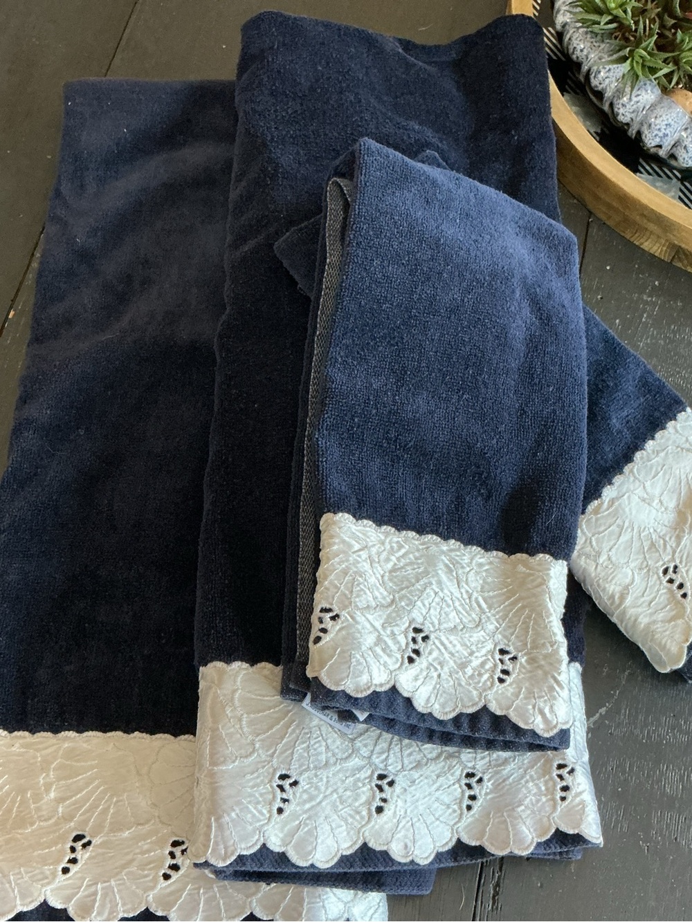 Navy Blue Bath Towel Set with White Lace Trim Cottagecore Granny Chic set of 4